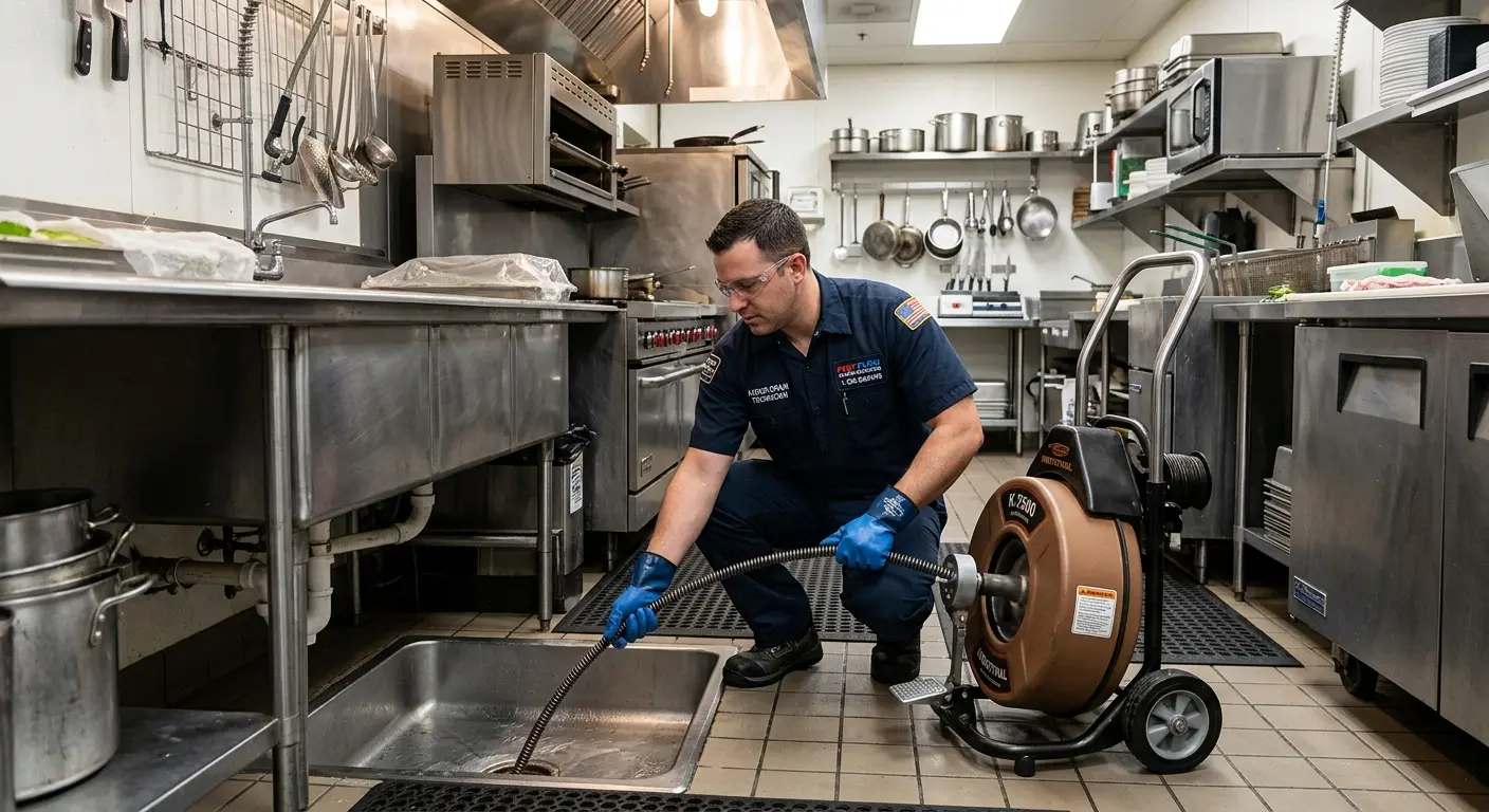 Commercial drain cleaning service in a restaurant kitchen in Big Flats