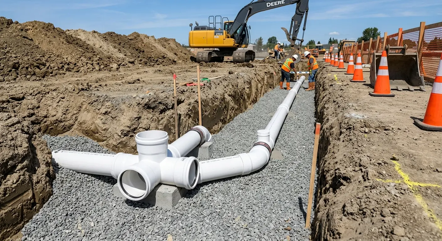 New PVC sewer pipe installation in open trench for Commercial Drain Cleaning in Big Flats