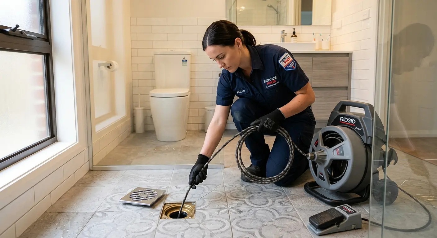 Technician clearing a bathroom floor drain for Clogged Drain Repair in Big Flats